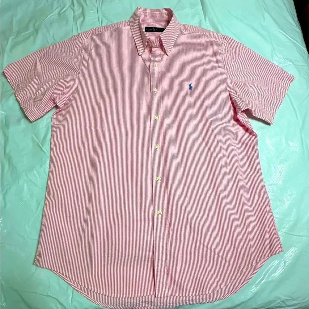 Ralph Lauren Pink Casual Button Down Seersucker Short Sleeved Shirt Size Large